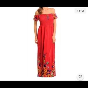 Sexy red floral long maxi Dress sundress smocked empire waist Off Shoulders New